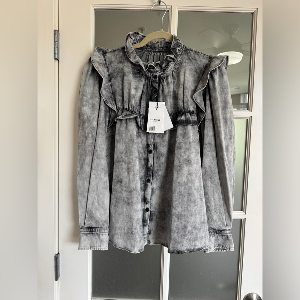 Isabel Marant Étoile Idety Ruffle Trim Stonewashed Shirt 10 US  NEW